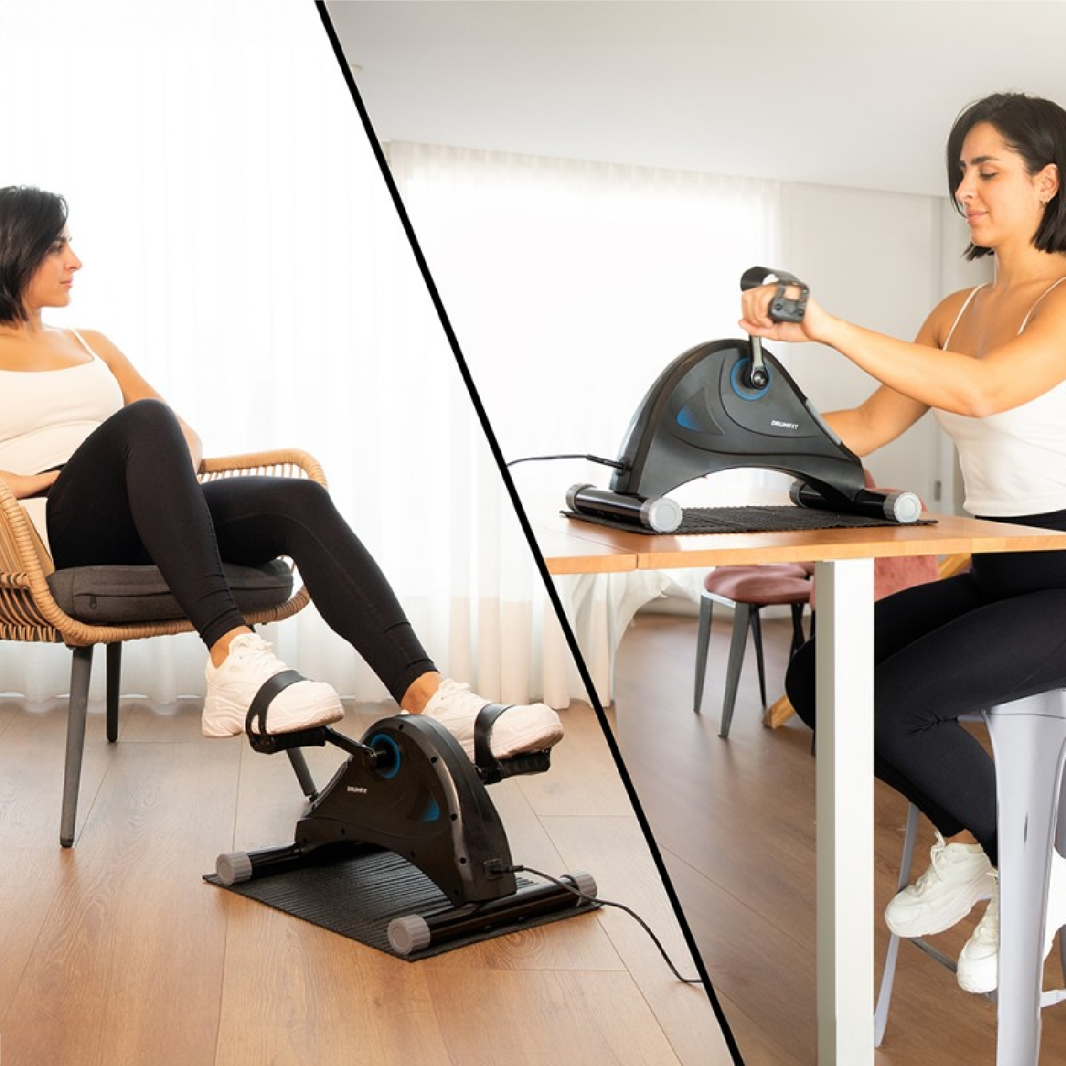 Kobieta korzystająca z małego roweru treningowego. Na jednym siedzi, na drugim go używa.