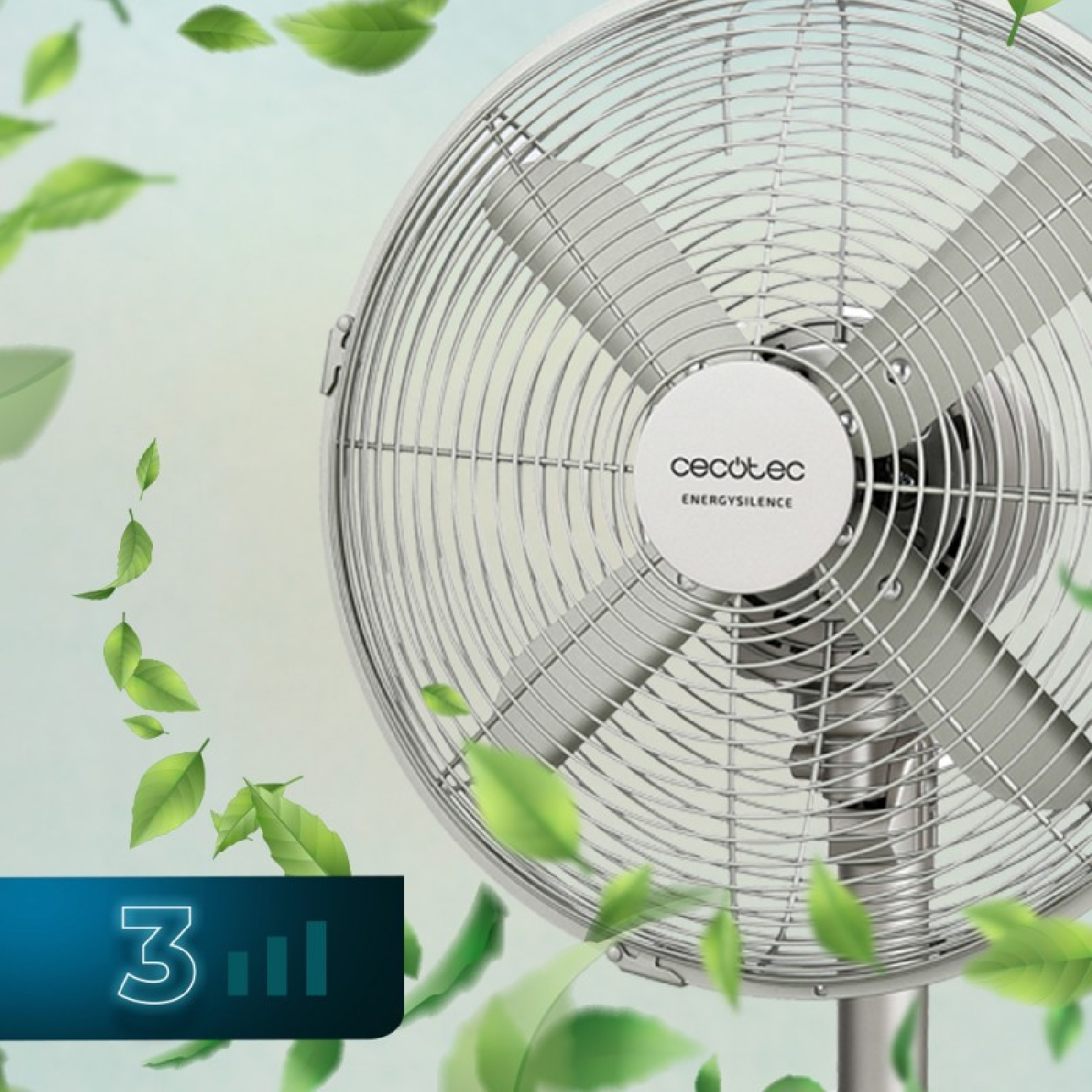 Primer plano de un ventilador con hojas verdes flotando alrededor, con el número '3' en un cuadro azul.
