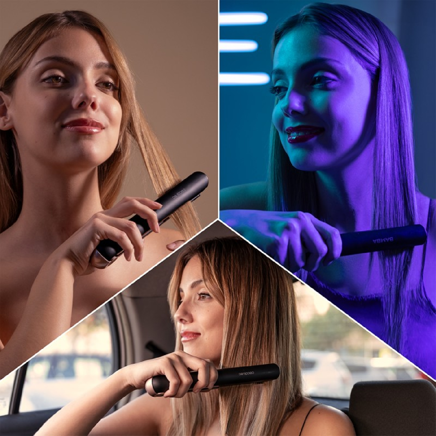 Drei Frauen benutzen einen Haarglätter. Die Frau befindet sich in verschiedenen Umgebungen, der Glätter ist schwarz.