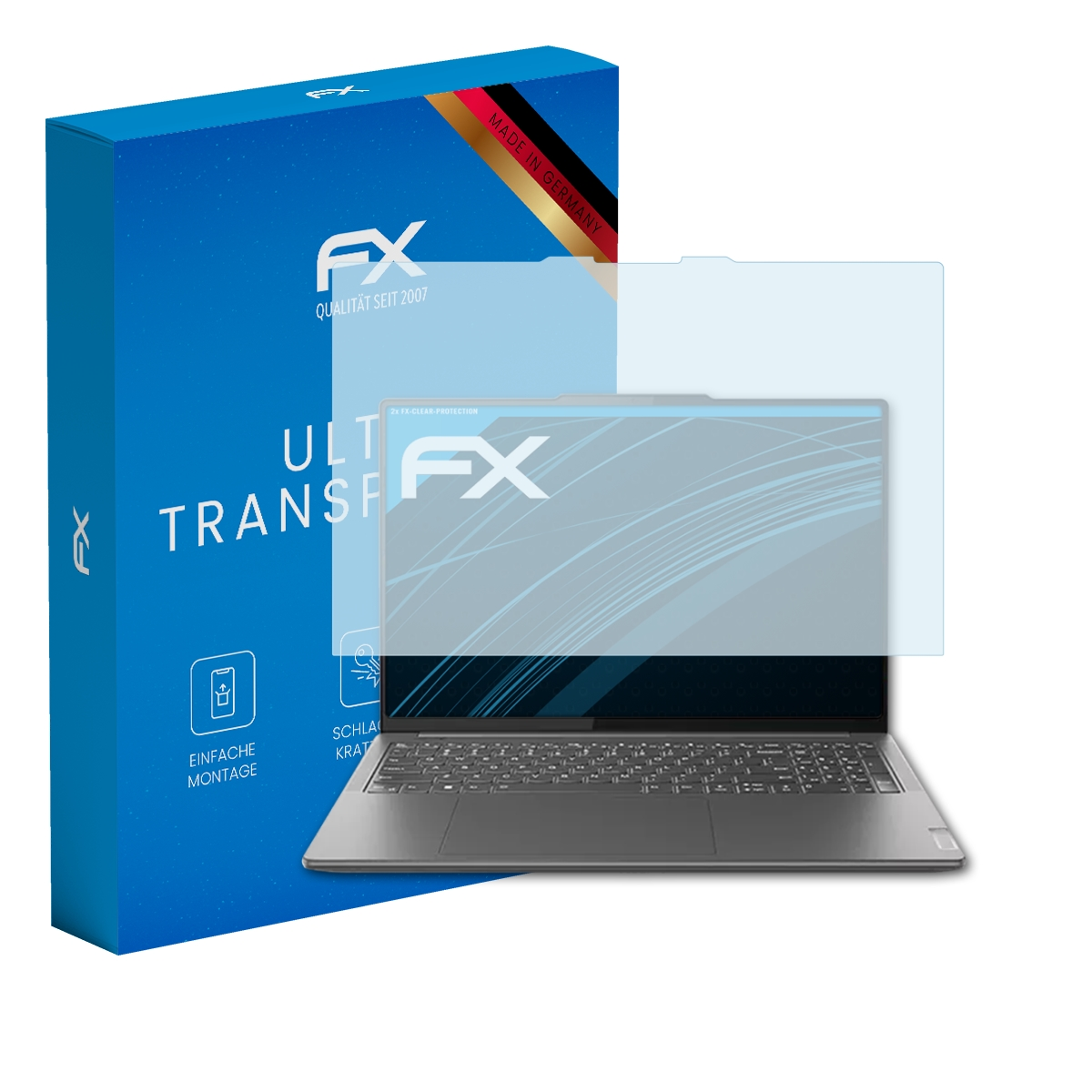 Laptop mit Displayschutz, eine blaue Box befindet sich auf der linken Seite. Der Bildschirm ist leer.