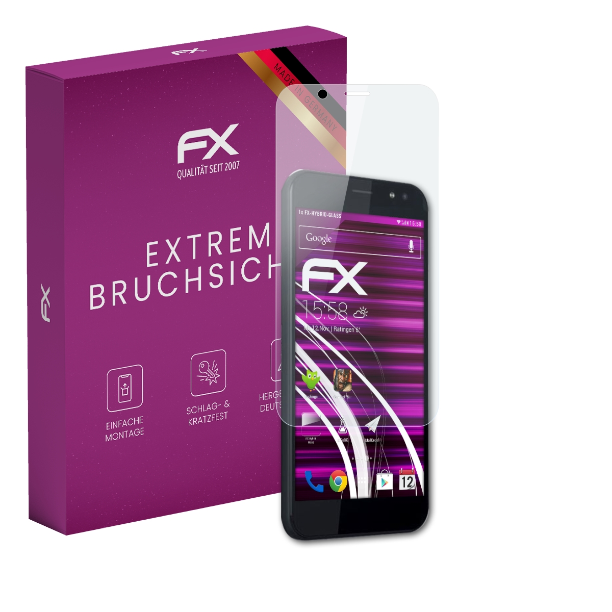 Smartphone mit Displayschutz, schwarz, lila FX-Box, zeigt Apps und Zeit.