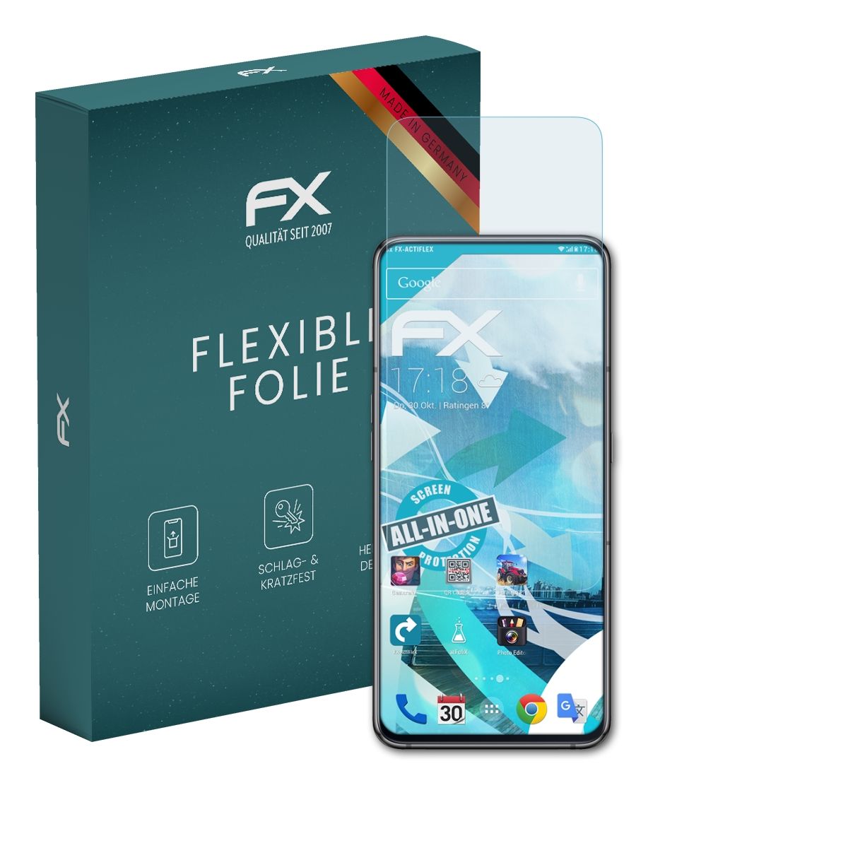 Ein Telefon mit Displayschutzfolie neben einer Box. Beide haben das FX-Logo.