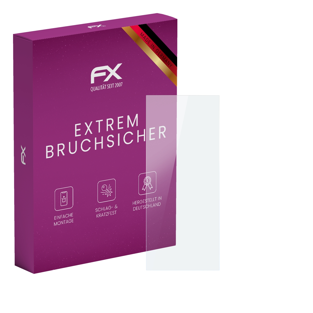 Displayschutz auf weißem Hintergrund, lila Box mit FX-Logo, deutscher Text. Hergestellt in Deutschland.