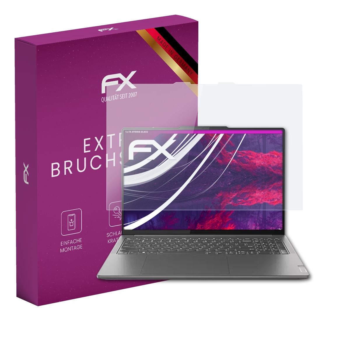 Laptop mit Displayschutzfolie und Box mit FX-Logo.