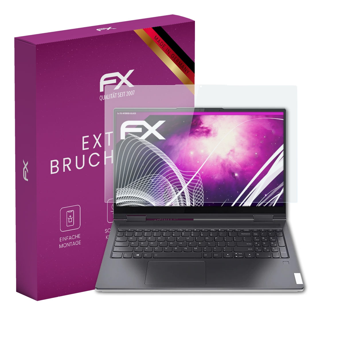 Laptop mit Displayschutz, Box mit 'FX'. Klarer Displayschutz auf Laptop-Bildschirm.