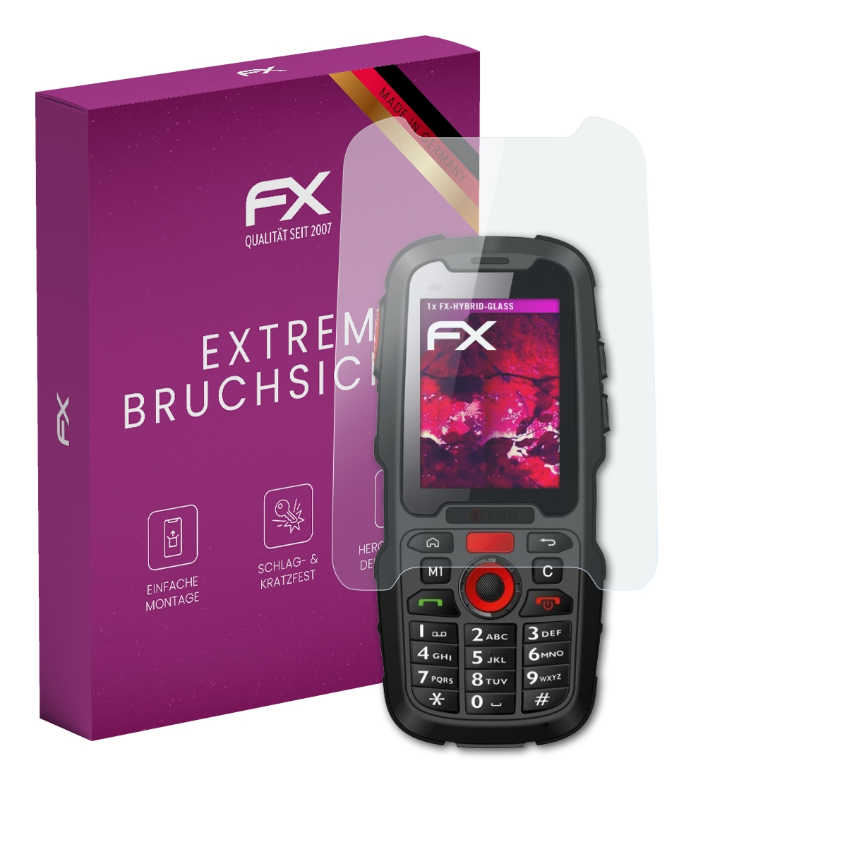 Telefon und Displayschutzfolie mit lila Box. Das Telefon ist schwarz und der Schutz ist klar.