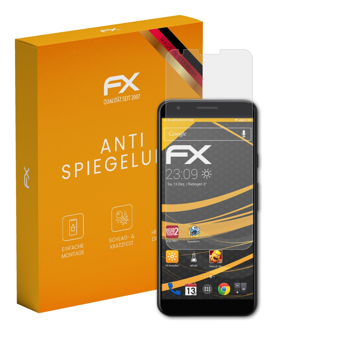 Smartphone mit Displayschutzfolie und einer orangefarbenen Schachtel mit Produktinformationen.