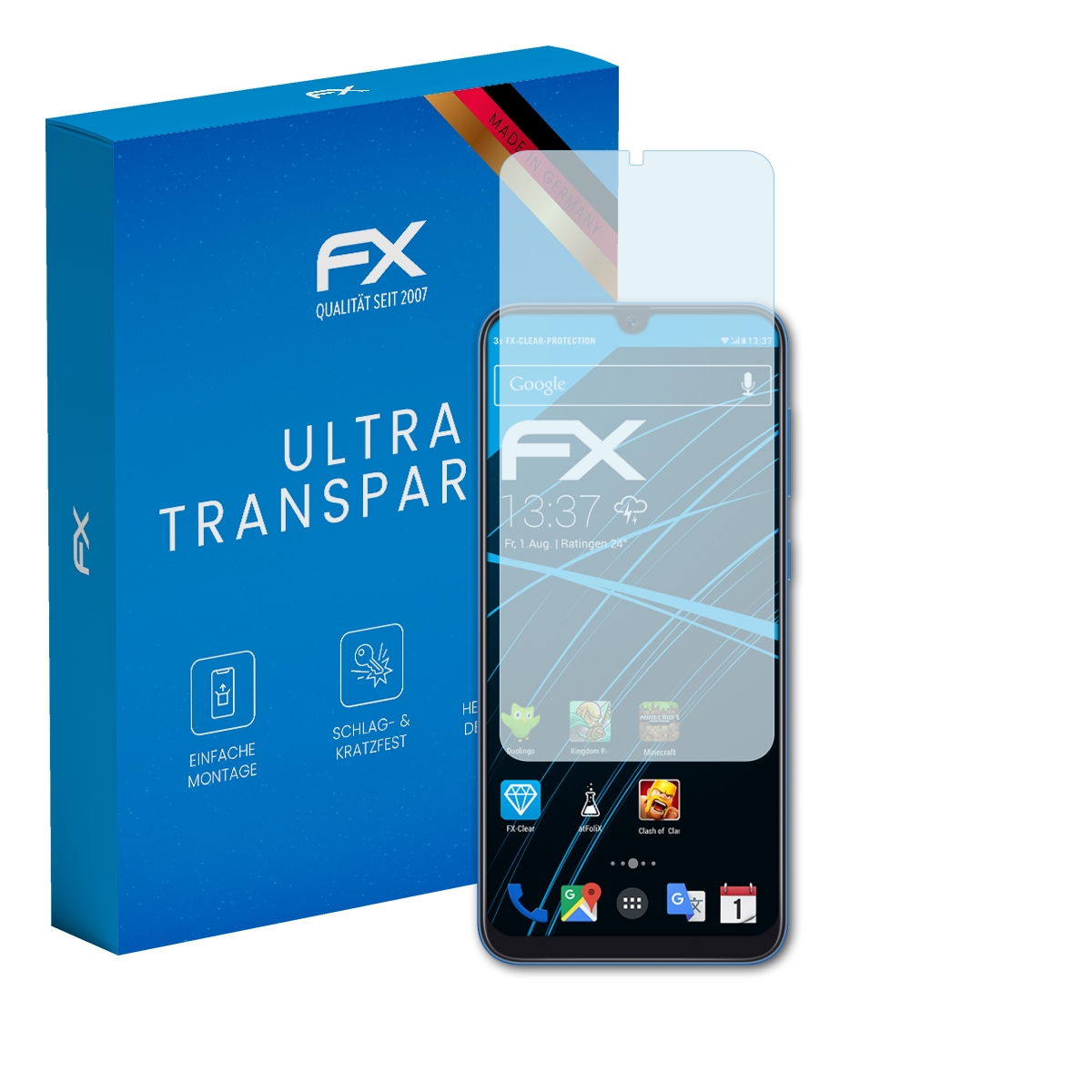 Blaue Schachtel mit Telefon und Displayschutzfolie. Text: ULTRA TRANSPAR, FX QUALITAT SEIT 2007, MADE IN GERMANY.