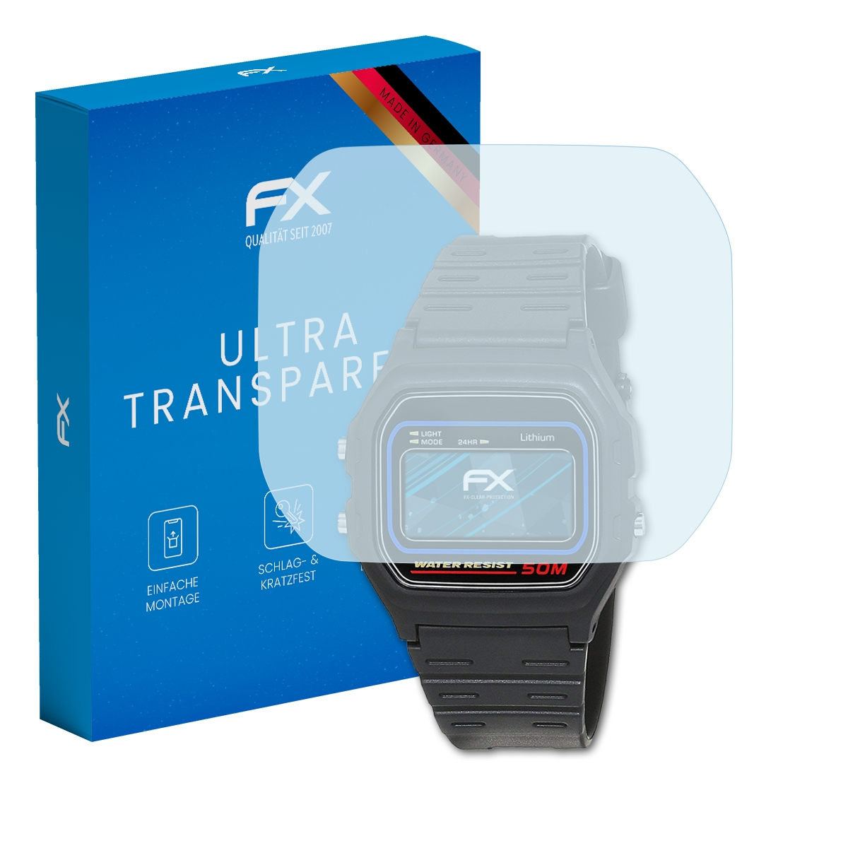 Eine blaue Box mit Displayschutzfolie und einer Uhr.
