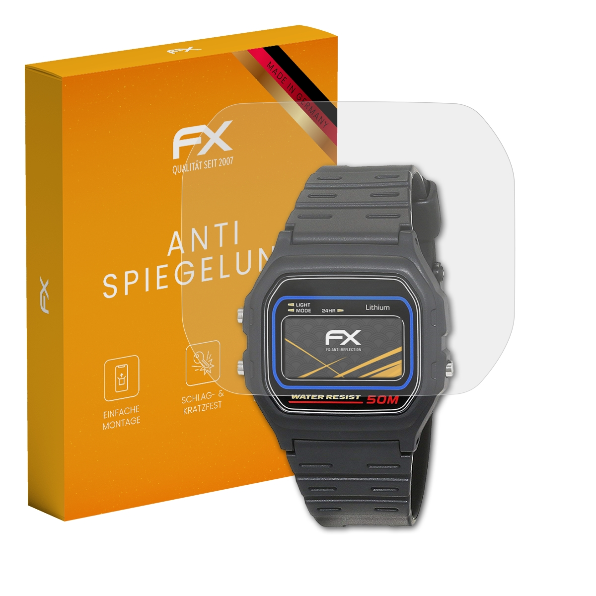 Uhr mit Displayschutzfolie, orange Box mit deutschen Produktdetails.