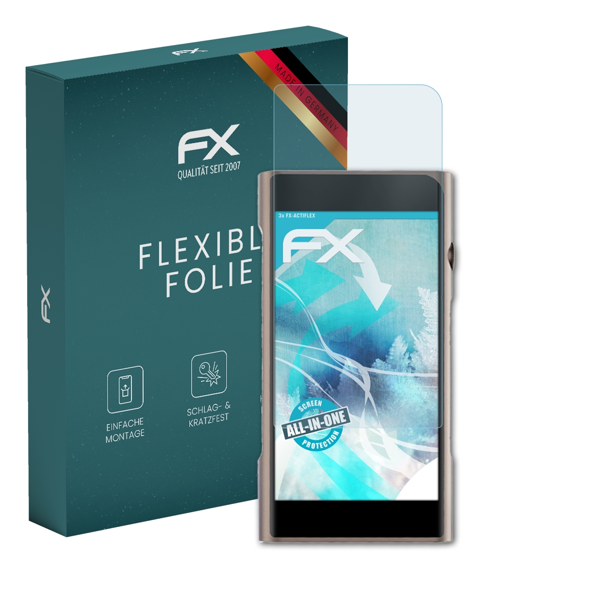 Displayschutzfolie auf einem Gerät neben einer Box. Die Box hat ein Logo und Text.