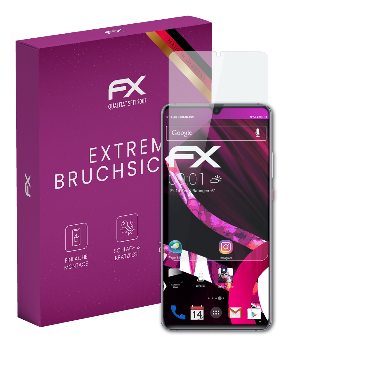 Smartphone mit Displayschutzfolie und einer Box. Telefon zeigt Uhrzeit, Datum und App-Symbole. Box hat Text.