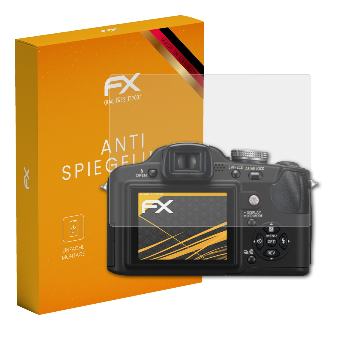 Kamera mit Displayschutz, orangefarbene Box im Hintergrund. Text: 'Anti Spiegel'.