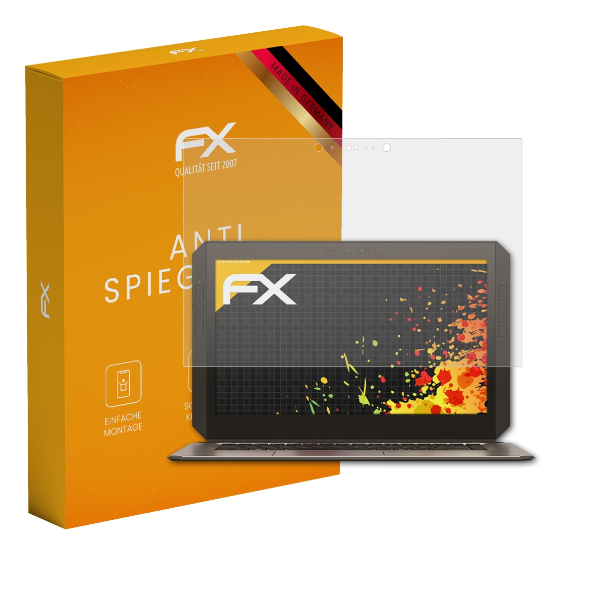 Orangefarbene Schachtel, Laptop und Displayschutzfolie. Laptop zeigt bunten Bildschirm. Text: 'ANTI SPIEGELU'.
