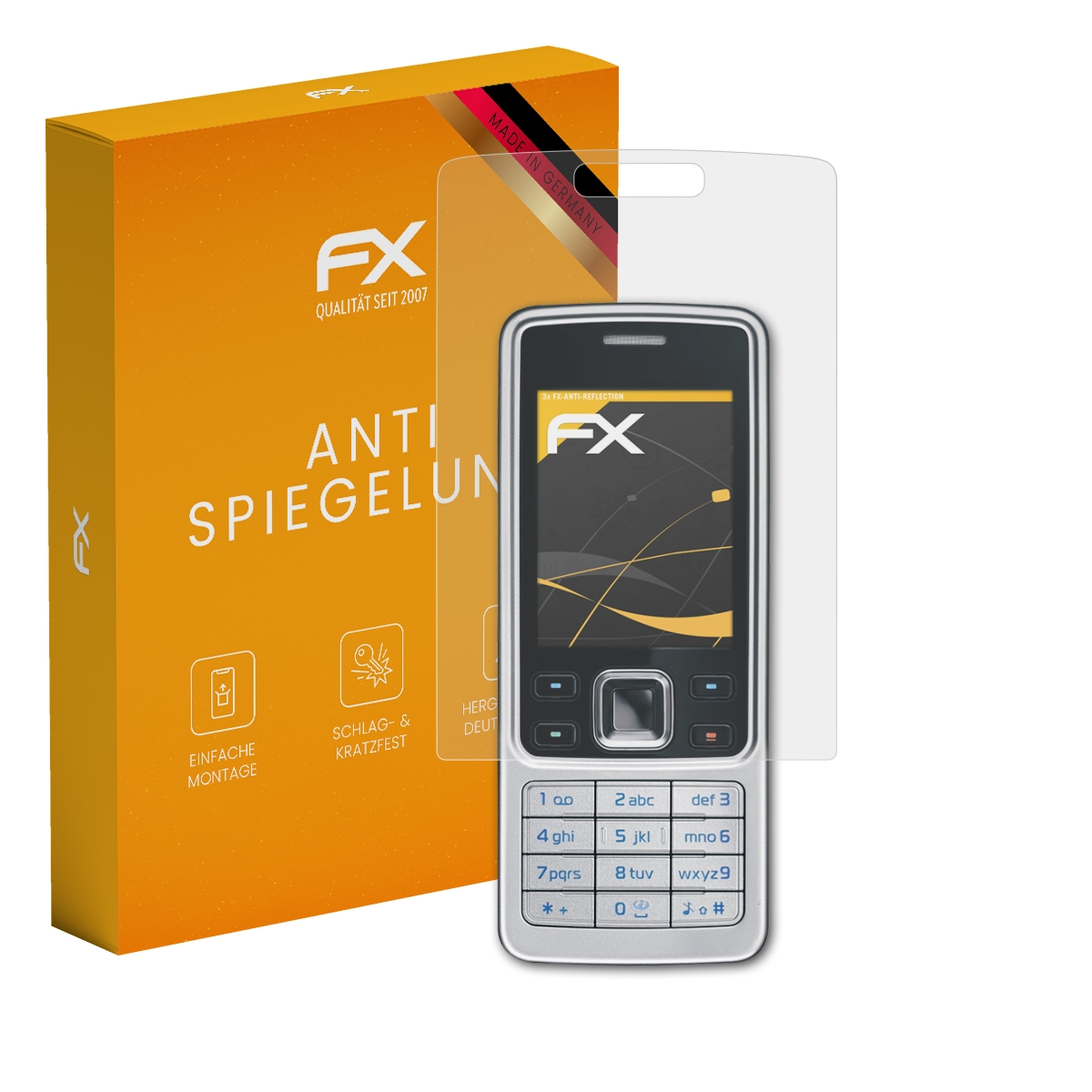 Mobiltelefon mit Displayschutzfolie neben einer orangefarbenen Box mit dem FX-Logo und Text.