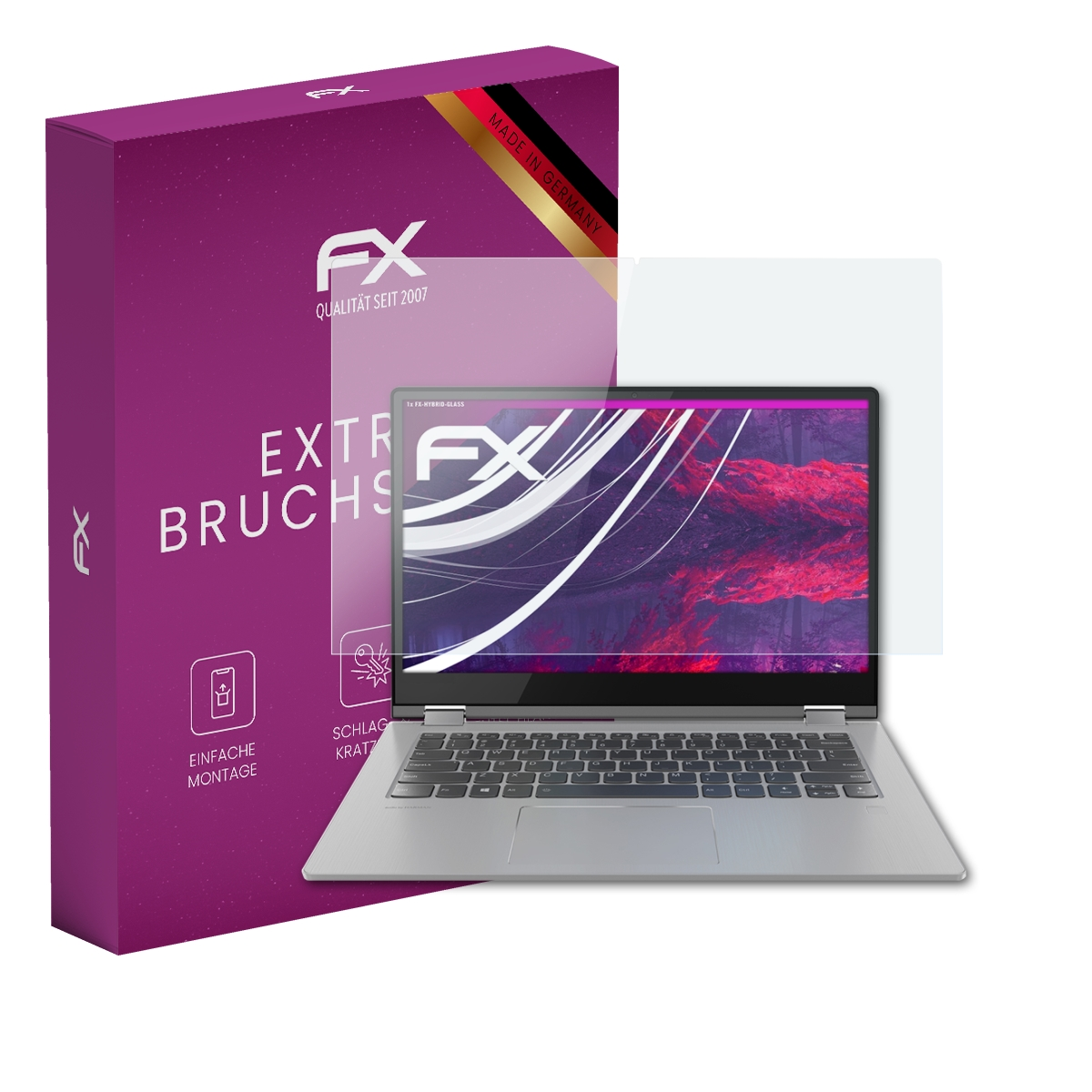 Laptop mit Displayschutzfolie neben einer lila Box mit dem FX-Logo und Text.