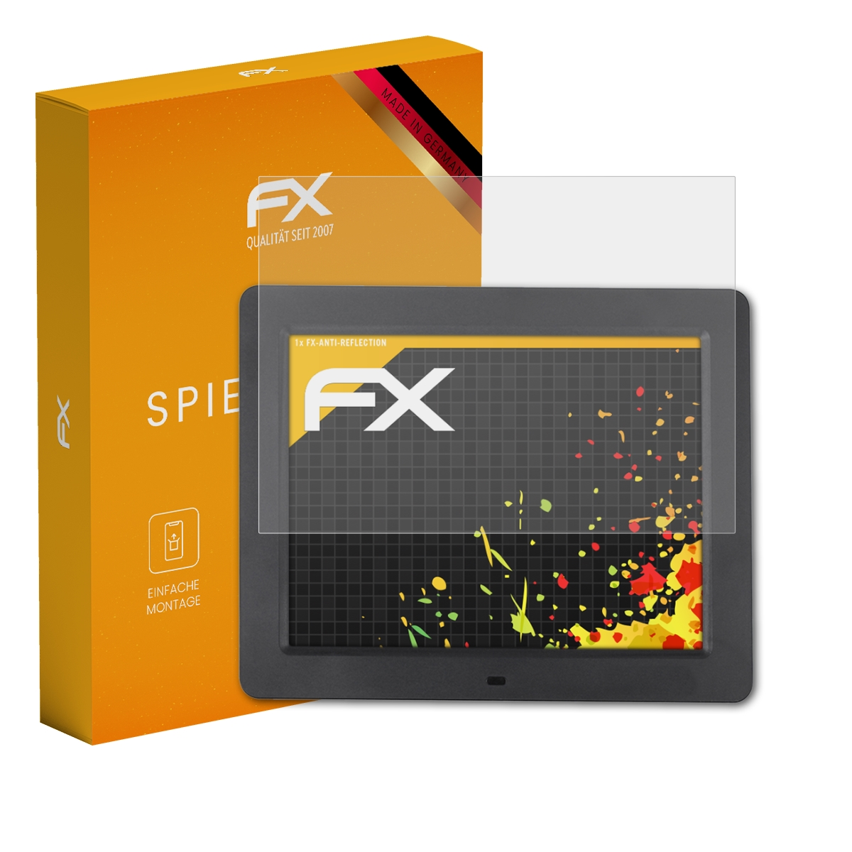 Ein schwarzes Tablet mit Displayschutz und orangefarbener Box mit FX-Logo.