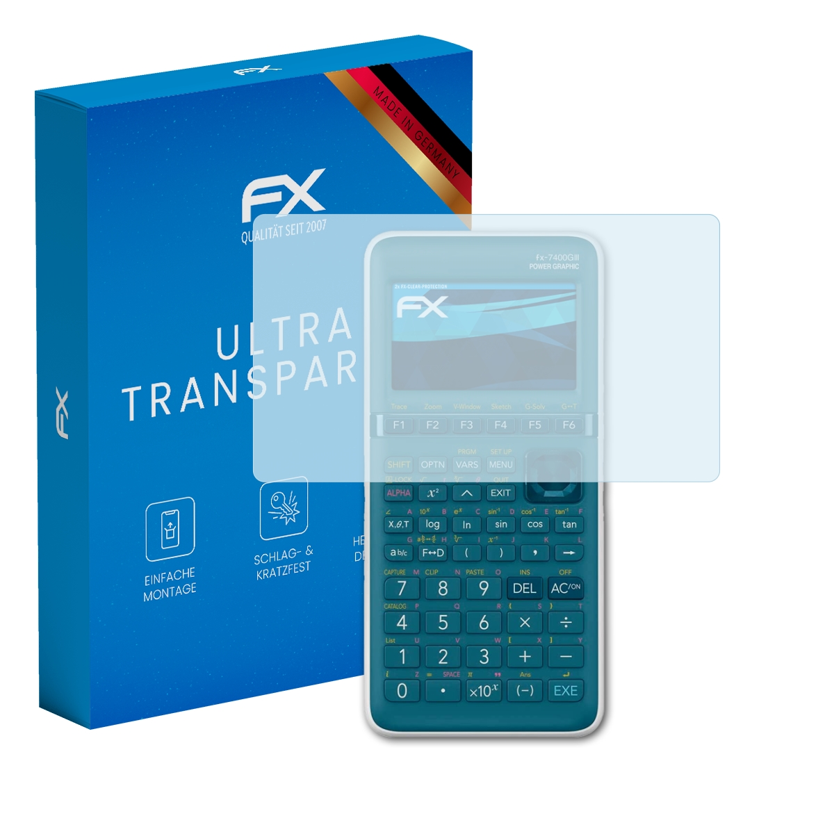 Türkisfarbener Taschenrechner mit Displayschutz, blaue Box. Text: FX, Ultra Transparent.