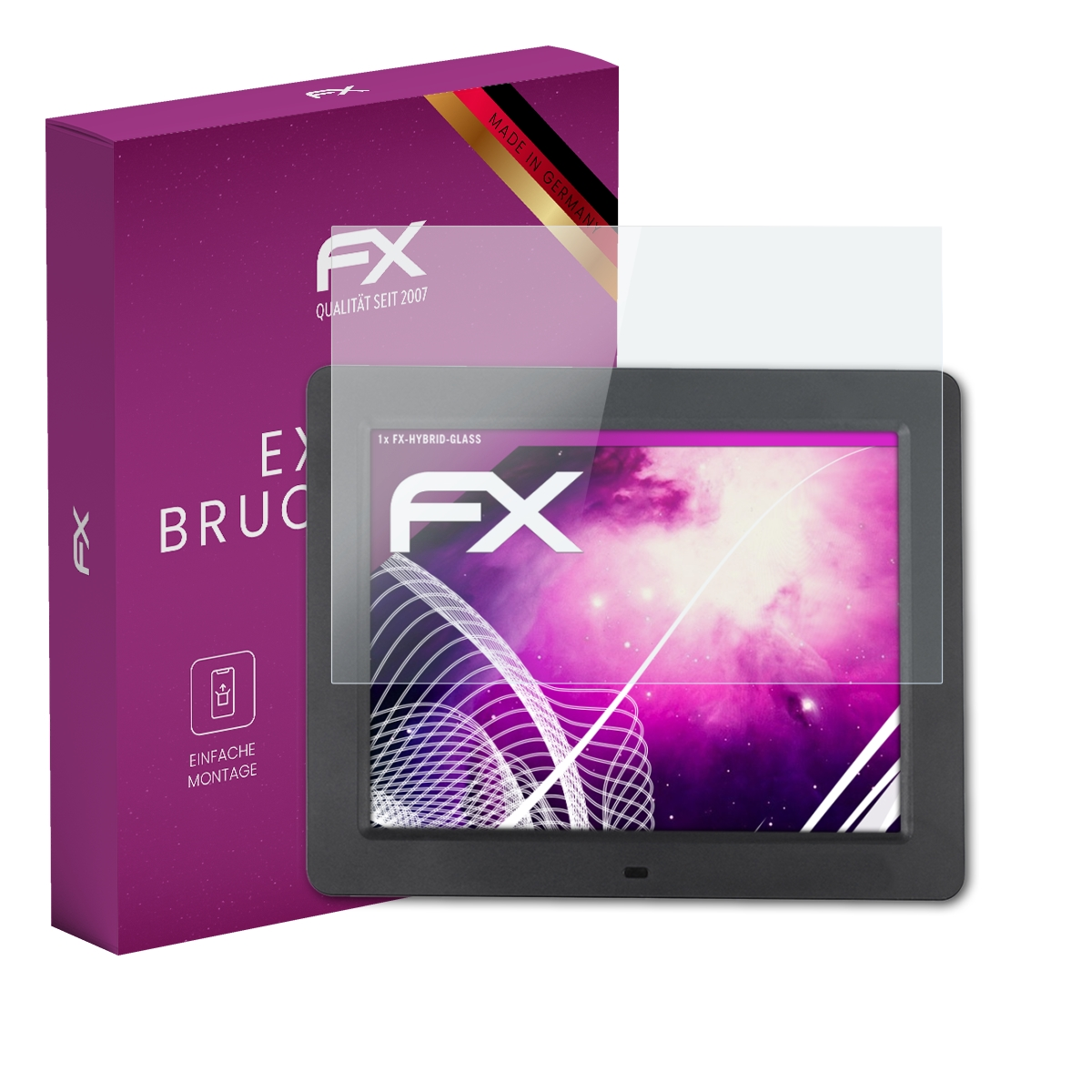 Ein Tablet mit Displayschutz und eine lila Box mit Text.