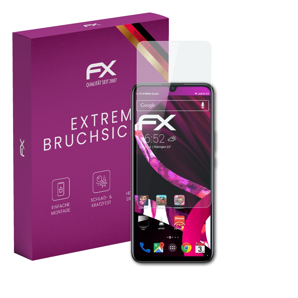 Ein schwarzes Smartphone mit Displayschutz und eine lila Box mit Text auf weißem Hintergrund.