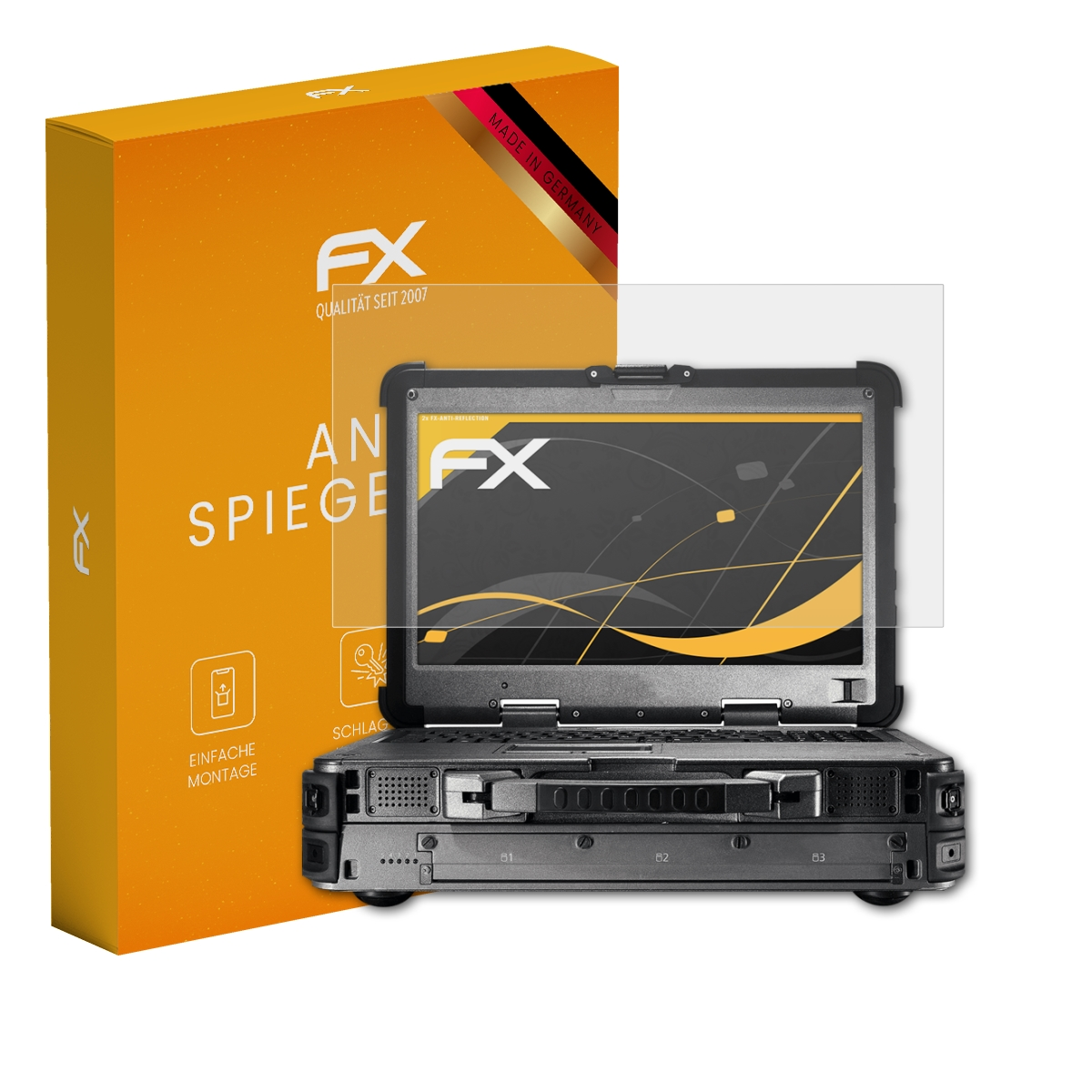 Laptop mit Displayschutz, orangefarbene Box. Schutz hat FX-Logo.