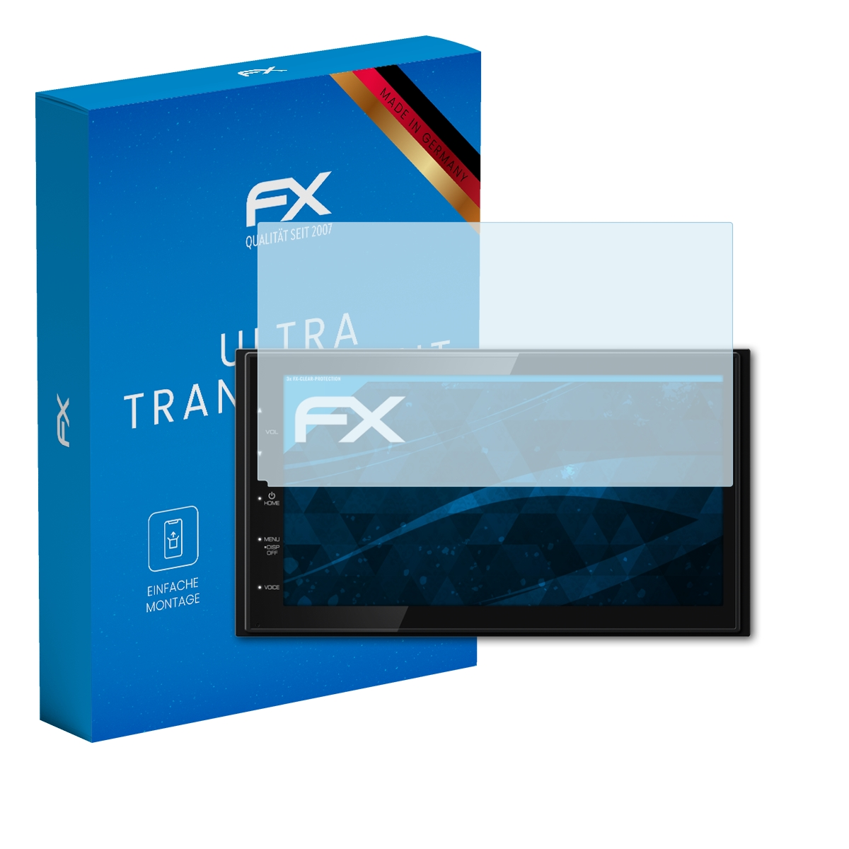 Bildschirm mit Displayschutzfolie neben einer blauen Schachtel mit der Marke FX.