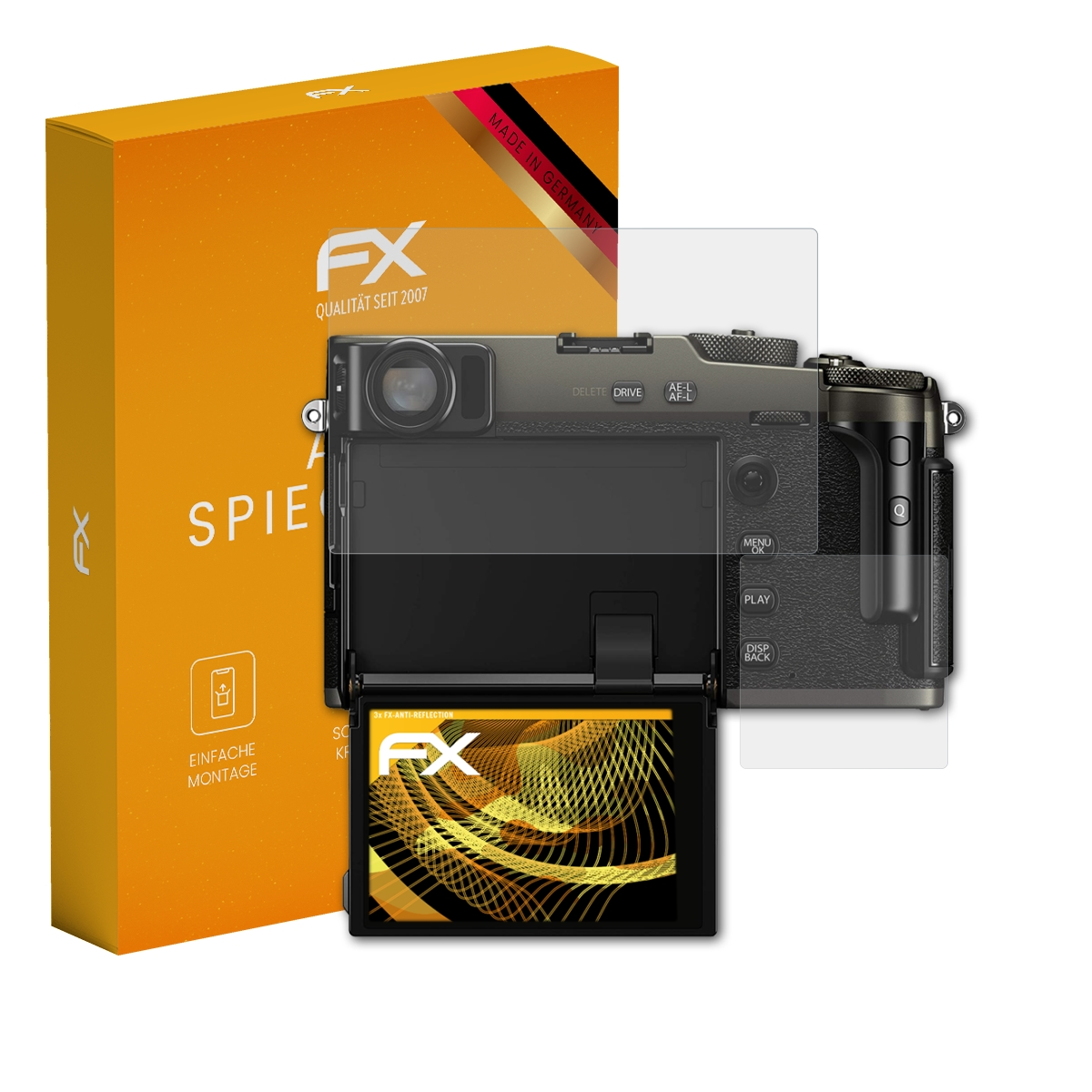Kamera mit Displayschutzfolie und Box.