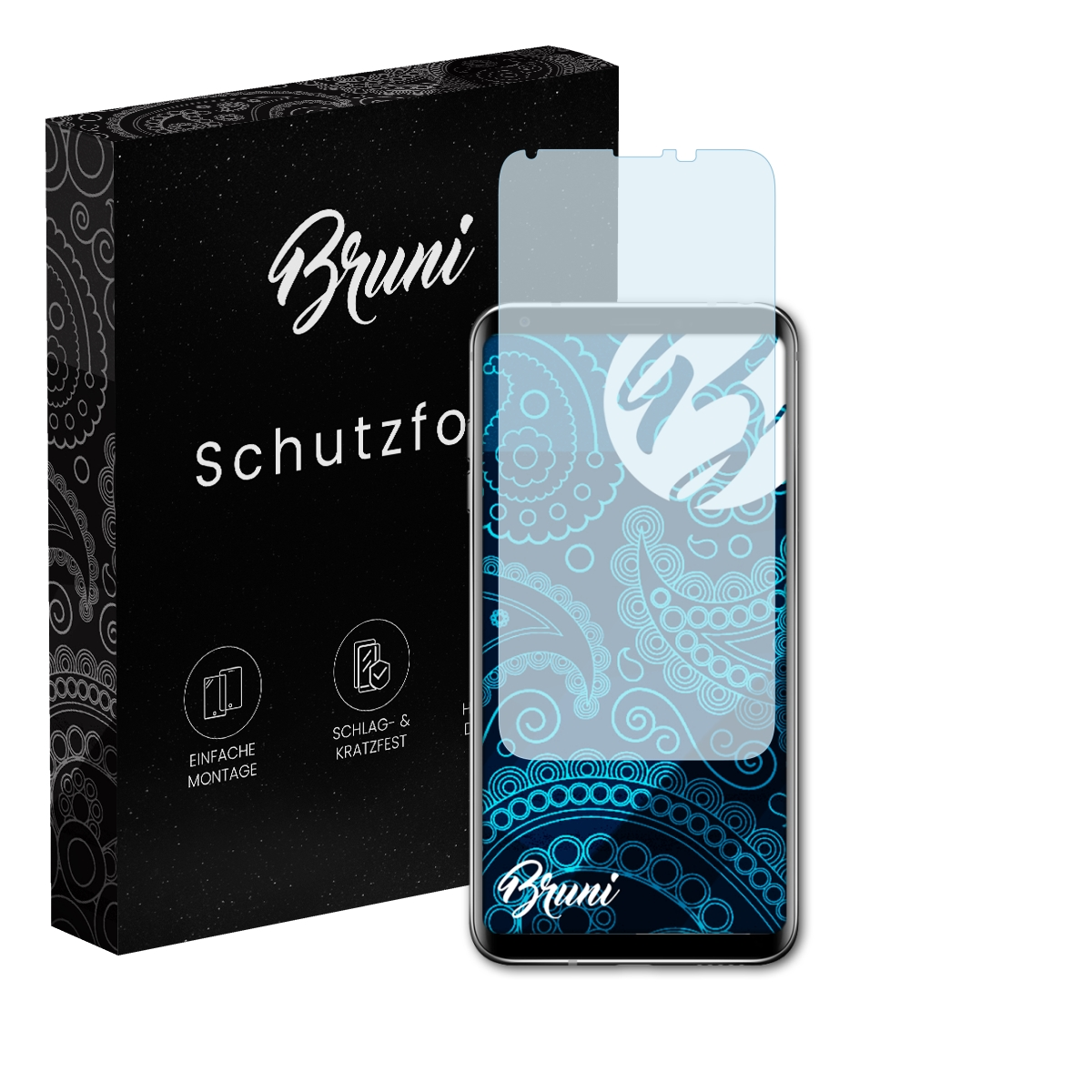 Ein Telefon mit Displayschutzfolie und eine schwarze Box werden angezeigt. Auf der Box steht 'Bruni' und 'Schutzfolie'.