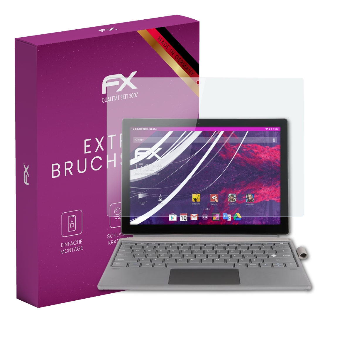 Ein Laptop mit Displayschutzfolie, eine lila Box und das FX-Logo.
