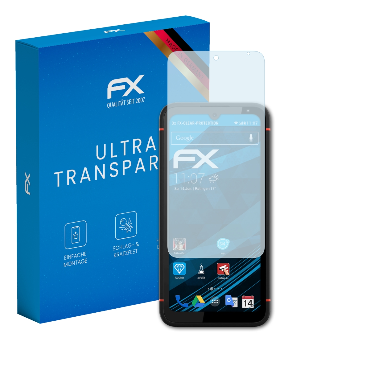 Smartphone mit Displayschutzfolie, blaue Box mit deutschen Produktdetails.