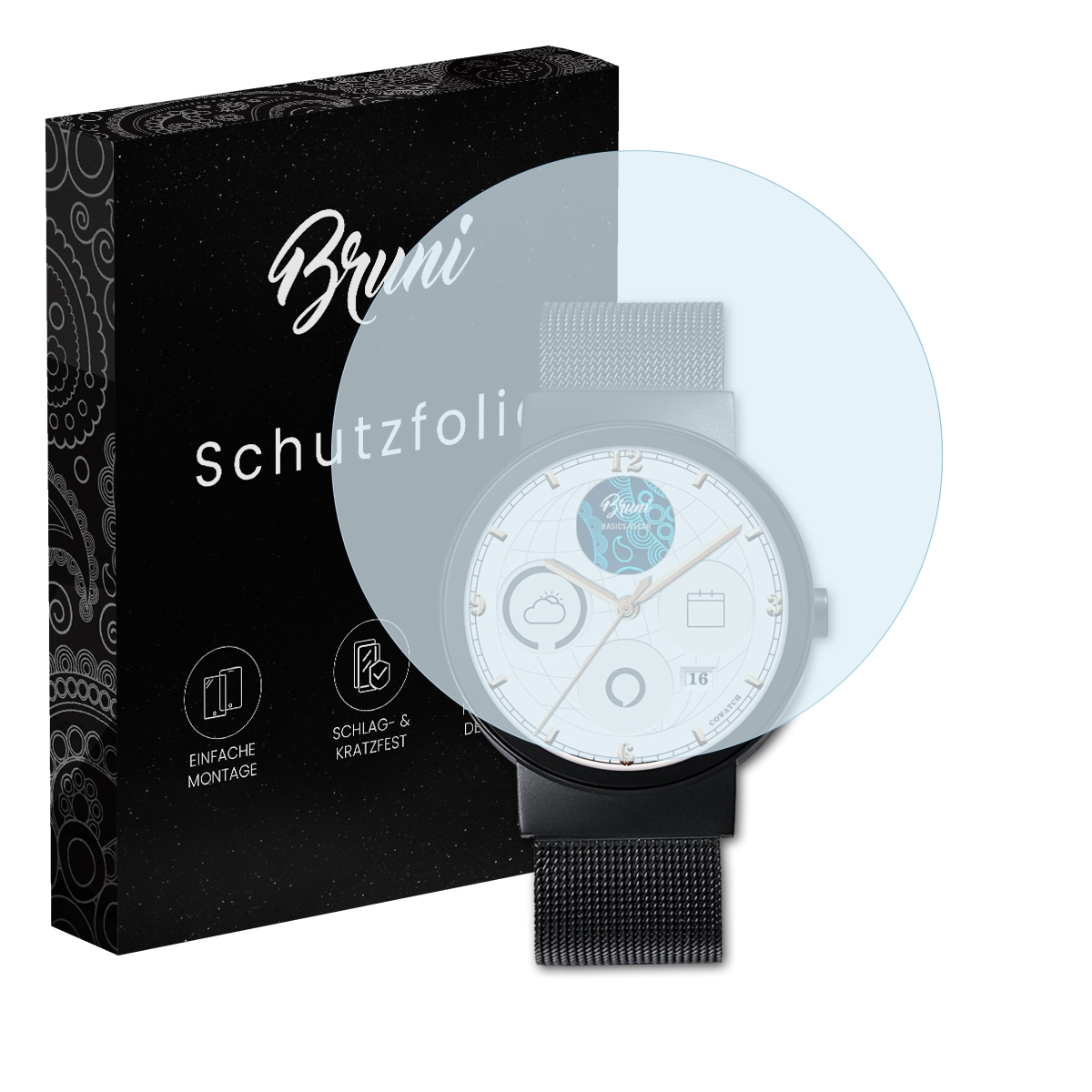Eine Smartwatch mit Displayschutz und eine Box mit dem Bruni-Logo, sowie ein Zifferblatt.