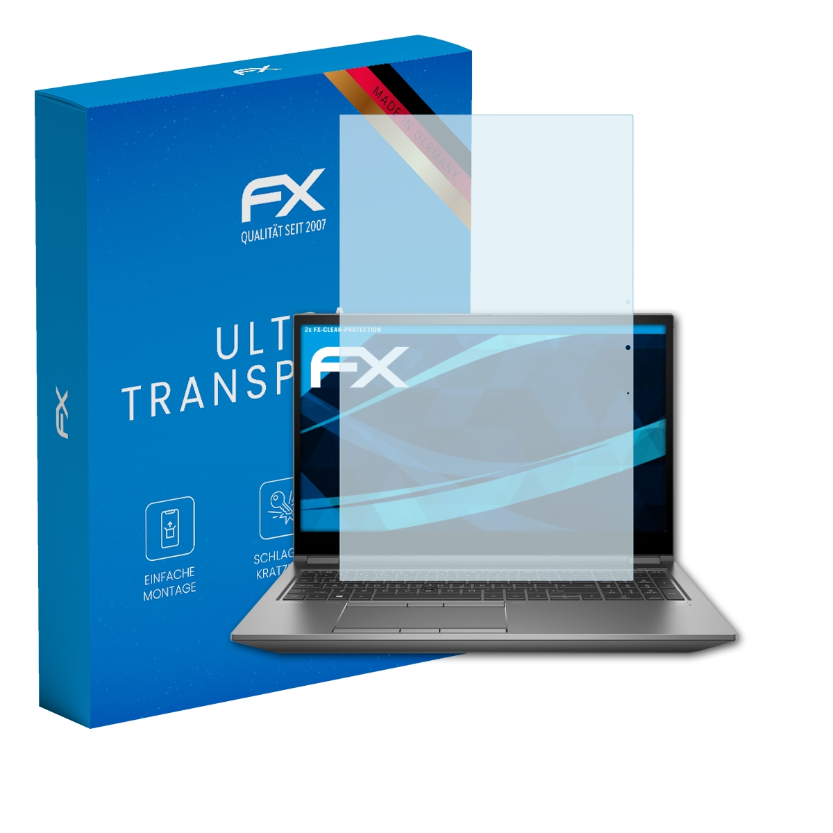Laptop mit Displayschutzfolie und Box, beide mit der Marke FX Ultra Transparent.