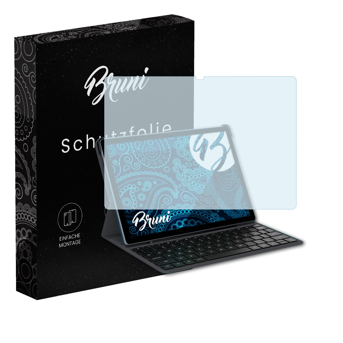 Tablet mit Displayschutzfolie und Schachtel. Folie über Tastatur. Schachtel hat 'Bruni' und 'Schutzfolie'.