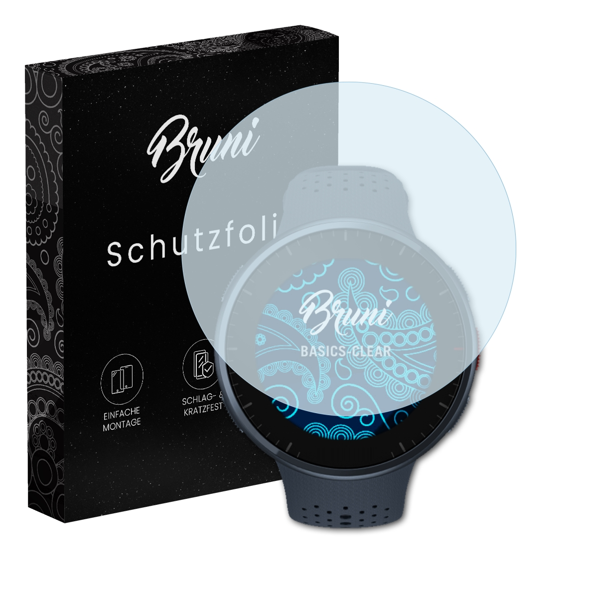 Smartwatch mit Schutzfolie und gemusterter Box. Folie befindet sich über dem Uhrenbildschirm.