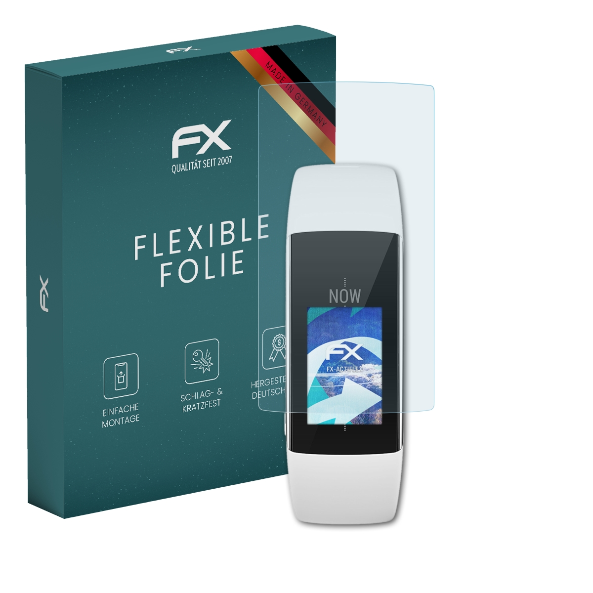 Eine teal-farbene Box mit 'FLEXIBLE FOLIE' Text und ein Displayschutz über einem Gerät.