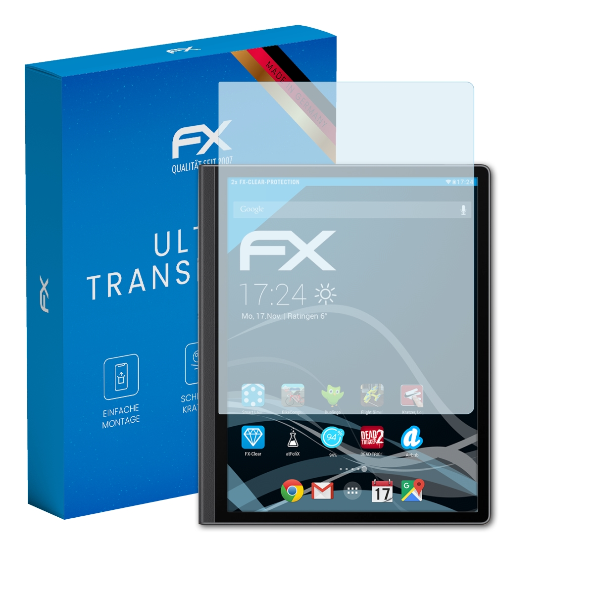 Schwarzes Tablet mit Displayschutzfolie und einer blauen Box. Die Schutzfolie ist auf dem Tablet. Box hat weißen Text.