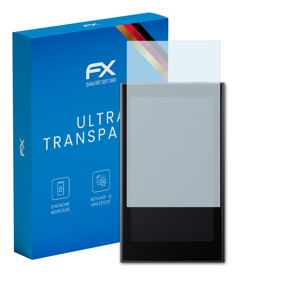 Schwarzes Gerät mit Displayschutzfolie, Box links. Der Bildschirm ist sichtbar.