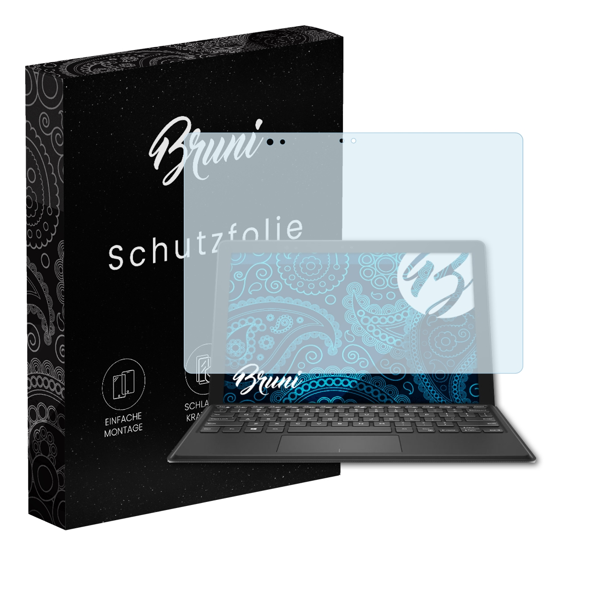 Laptop mit Displayschutz. Box links.