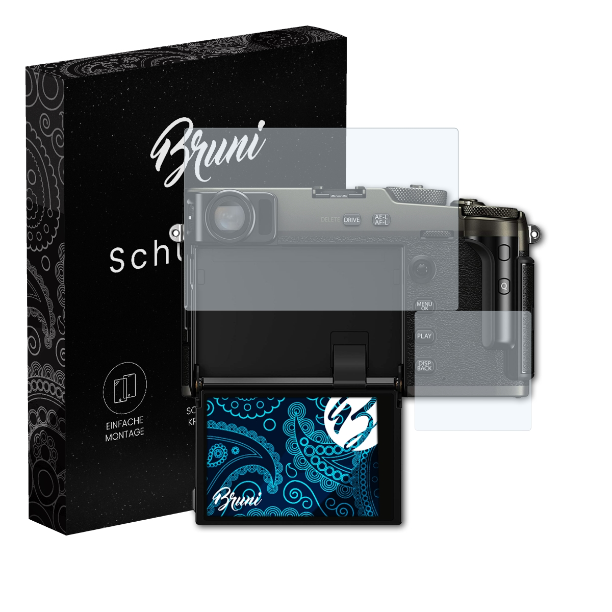 Kamera mit Displayschutz und einer Box links. Die Kamera ist schwarz.