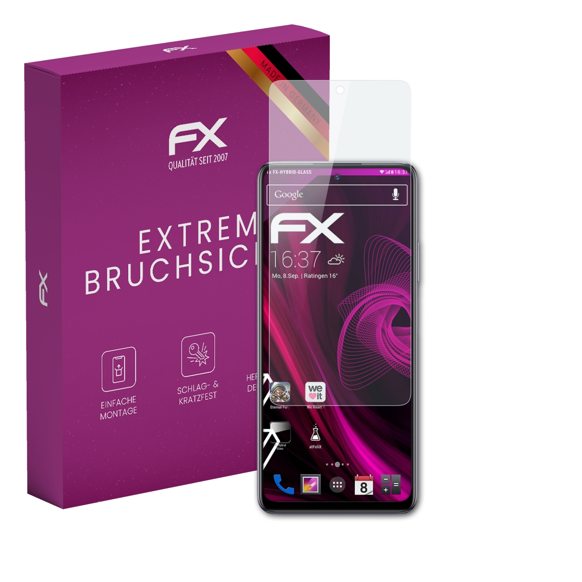 Ein Smartphone mit Displayschutzfolie und eine lila Box mit dem FX-Logo, vor weißem Hintergrund.