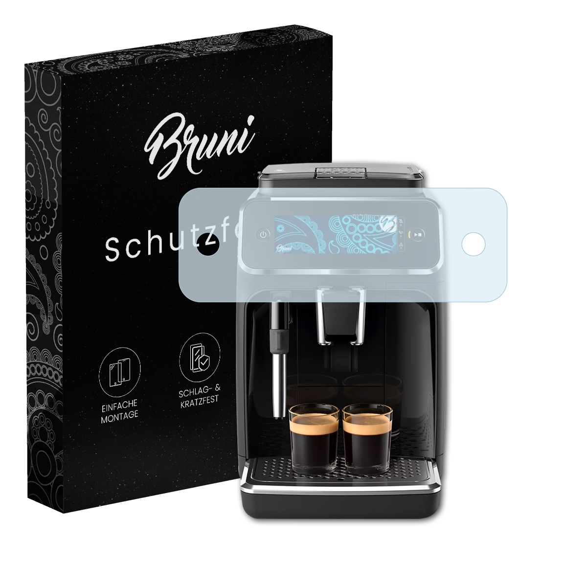 Eine Espressomaschine mit Displayschutzfolie und einer schwarzen Box mit dem Markennamen Bruni.