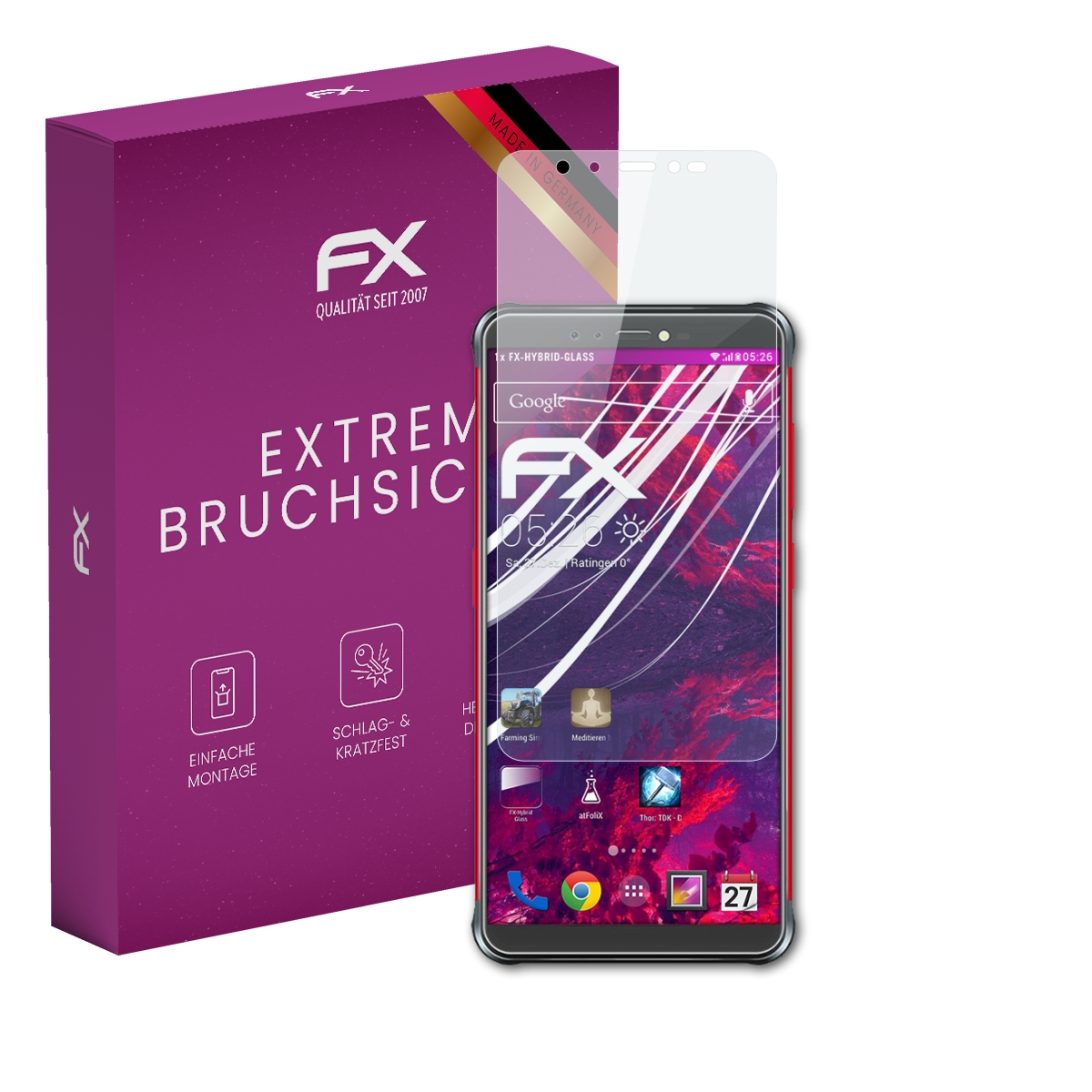 Smartphone mit Displayschutzfolie und Box. Rotes und schwarzes Telefon mit Displayschutzfolie.