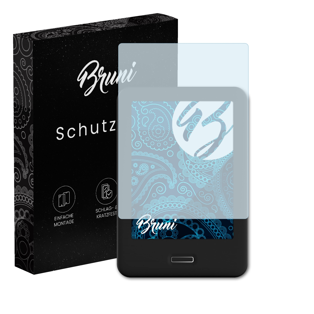 Schwarzes Gerät mit Displayschutz und schwarzer Box.