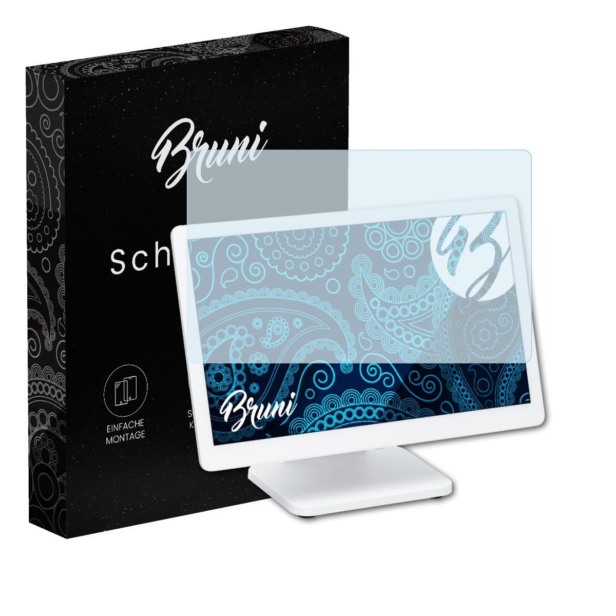 Monitor mit Displayschutz und Box. Weißer Monitor, weißer Hintergrund.