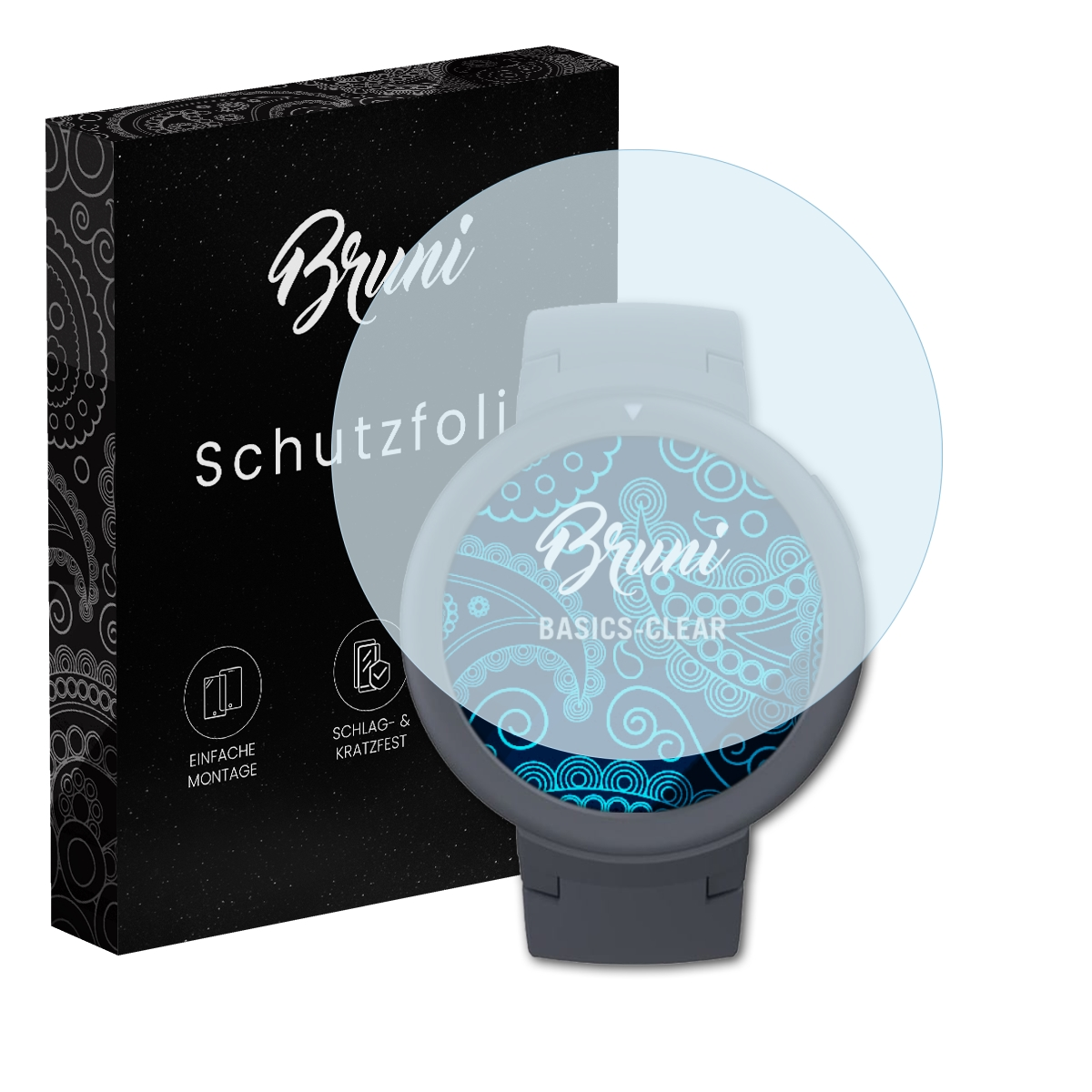 Eine Smartwatch mit Displayschutz und schwarzer Box. Der Schutz zeigt ein Design auf dem Bildschirm.