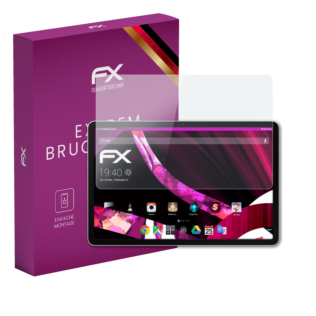 Tablet-Bildschirm mit Schutzfolie, Box links.