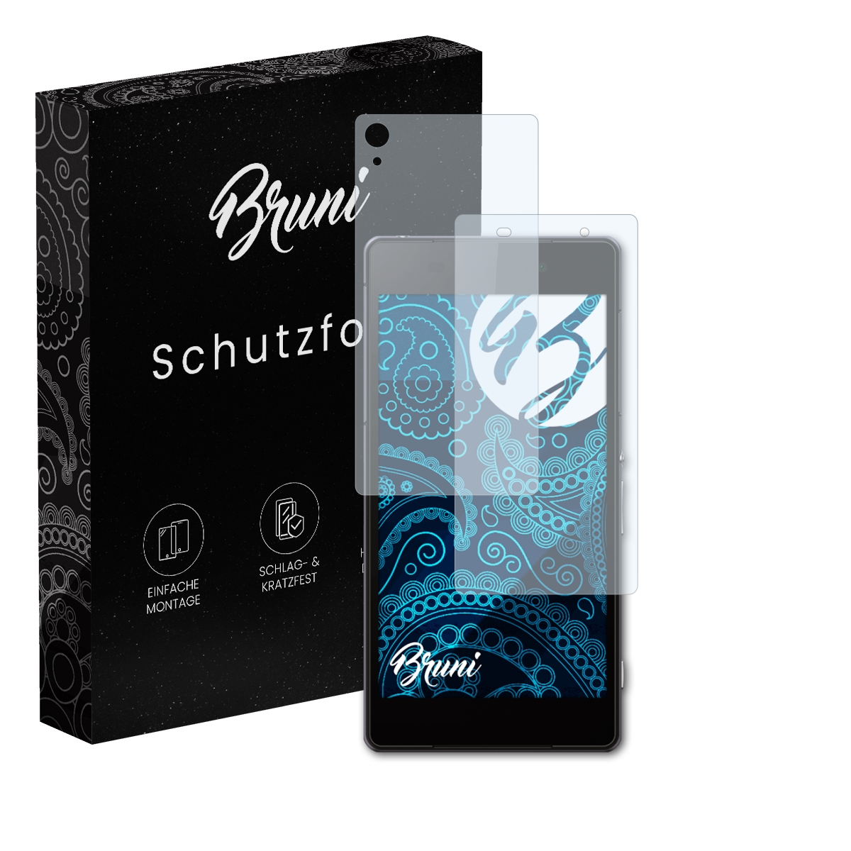 Smartphone und Schutzfolien, Box links.