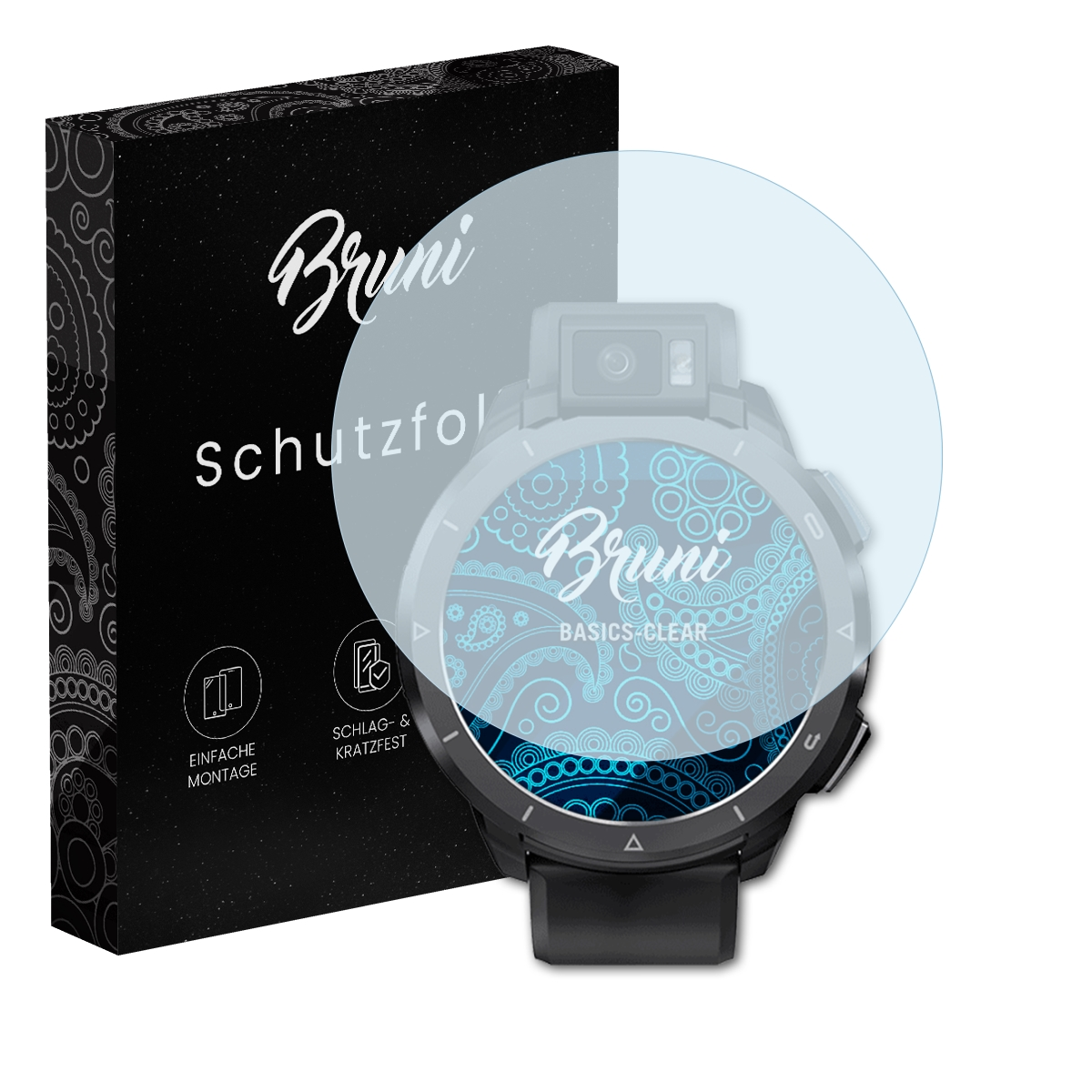 Eine Smartwatch mit Displayschutzfolie, Box. Der Bildschirm zeigt blaues Blumenmuster mit dem 'Bruni'-Logo.