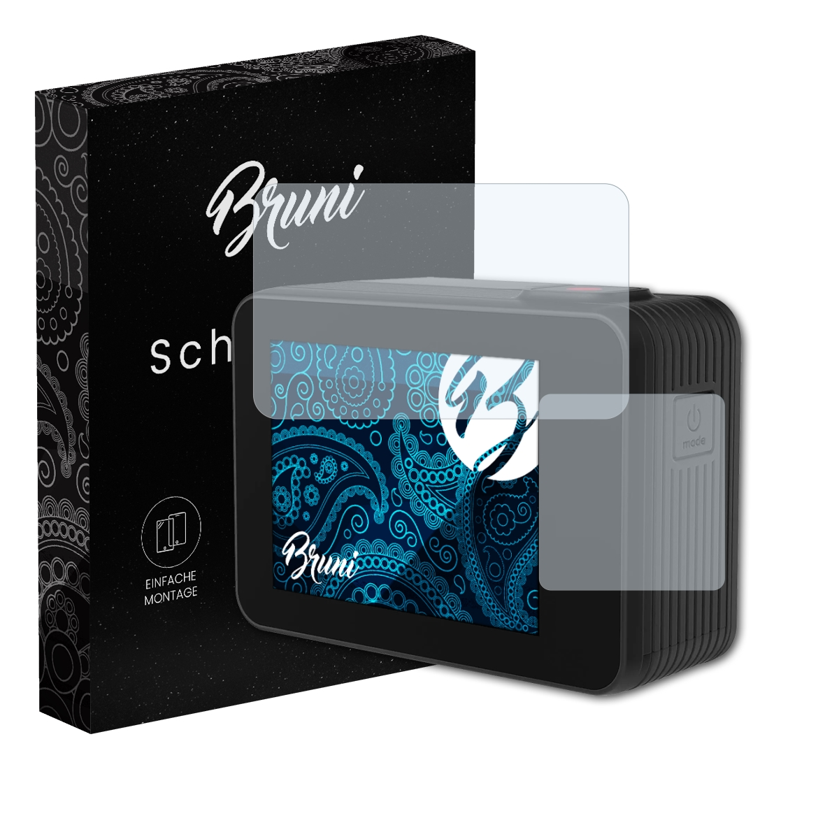 Schwarze Action-Kamera mit Displayschutz und Box, Marke Bruni.
