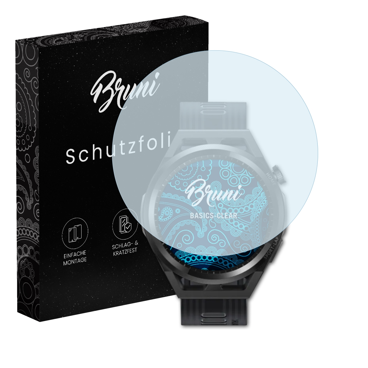 Eine Smartwatch mit Displayschutzfolie, Box. Der Bildschirm zeigt blaues Blumenmuster mit dem 'Bruni'-Logo.